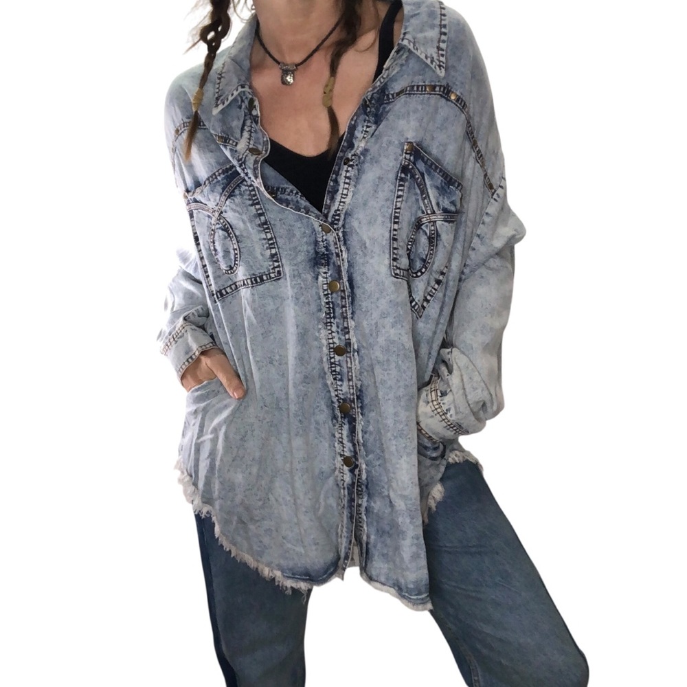 Bad Little Country Girl Shirt Jacket Sm Oversized Chambray Fringe Western Rodeo